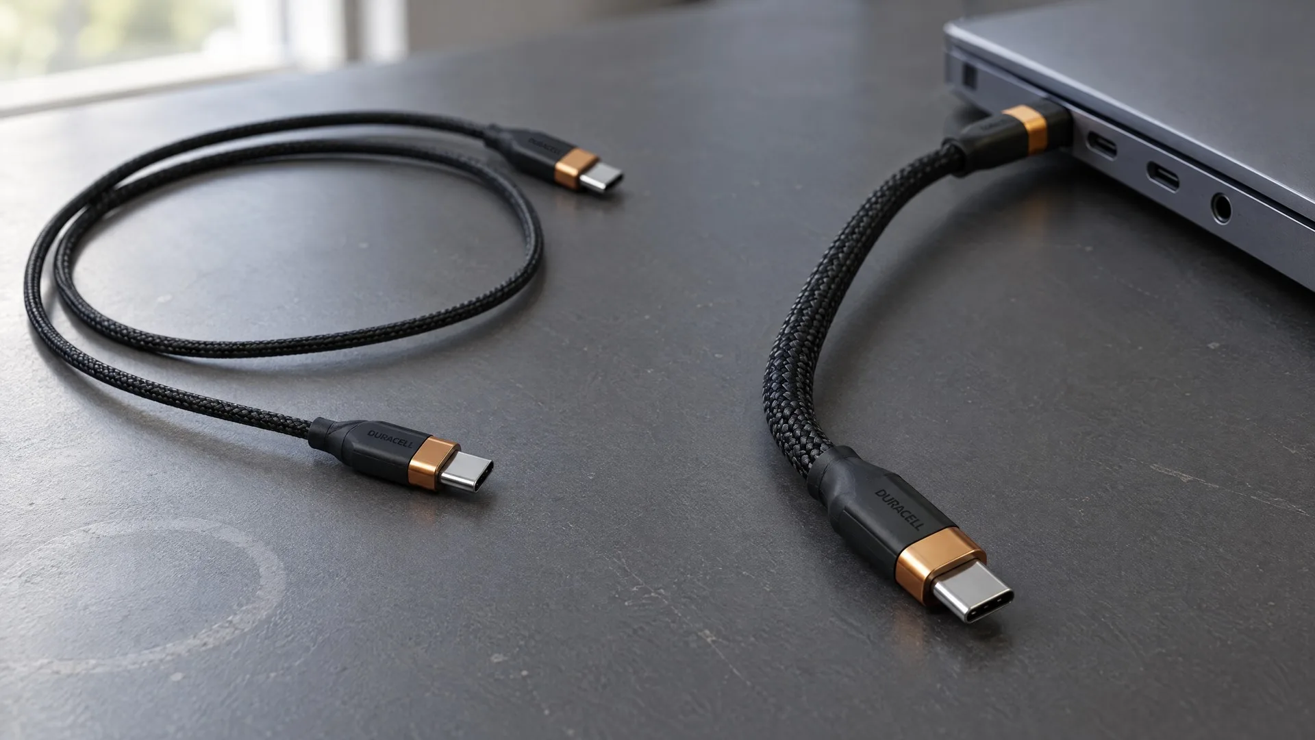 Trei cabluri USB-C de grosimi diferite așezate pe un birou, lângă un laptop și un monitor