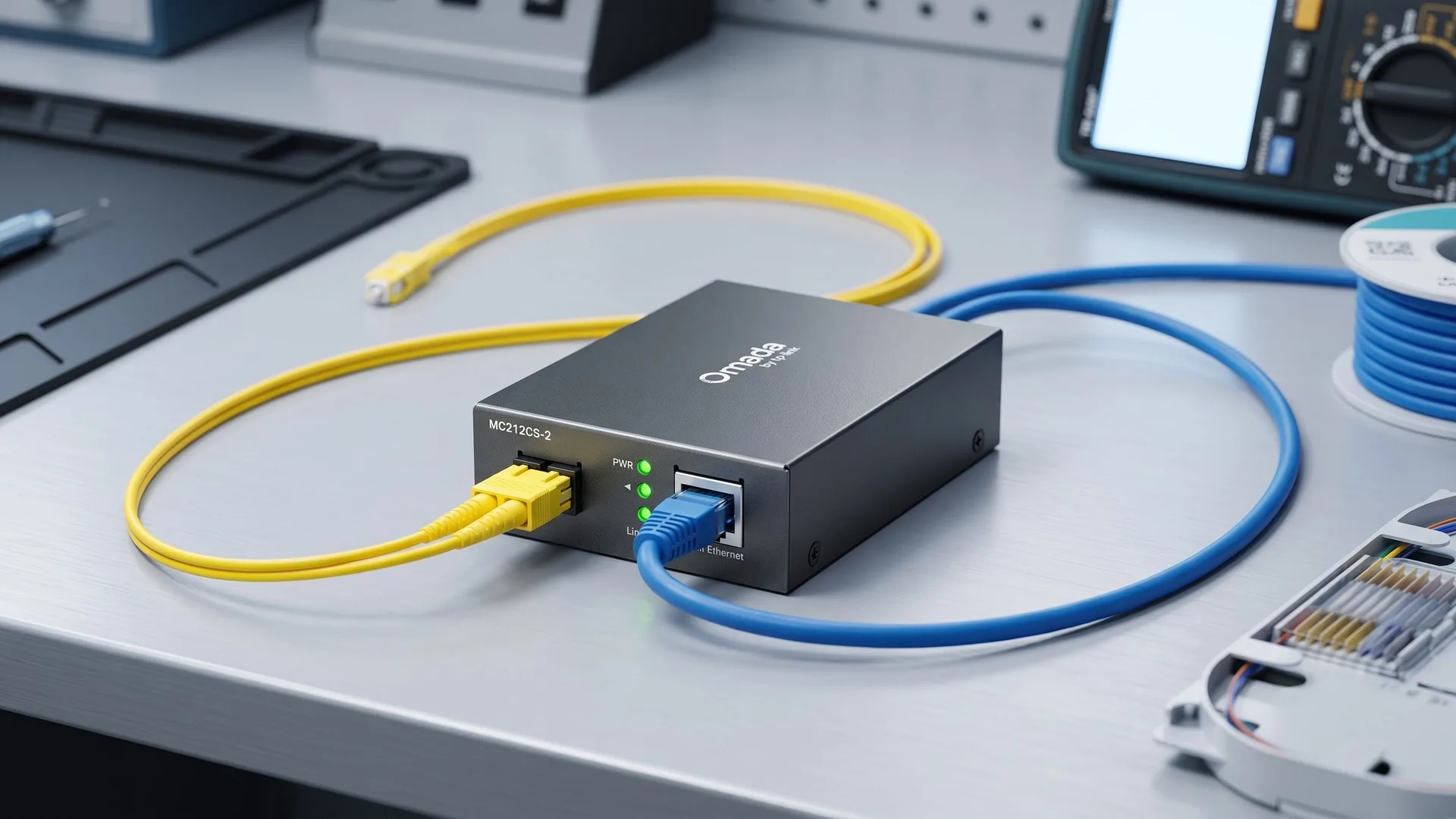 Media convertor de fibră optică cu port SC și port RJ-45, lângă un switch cu slot SFP