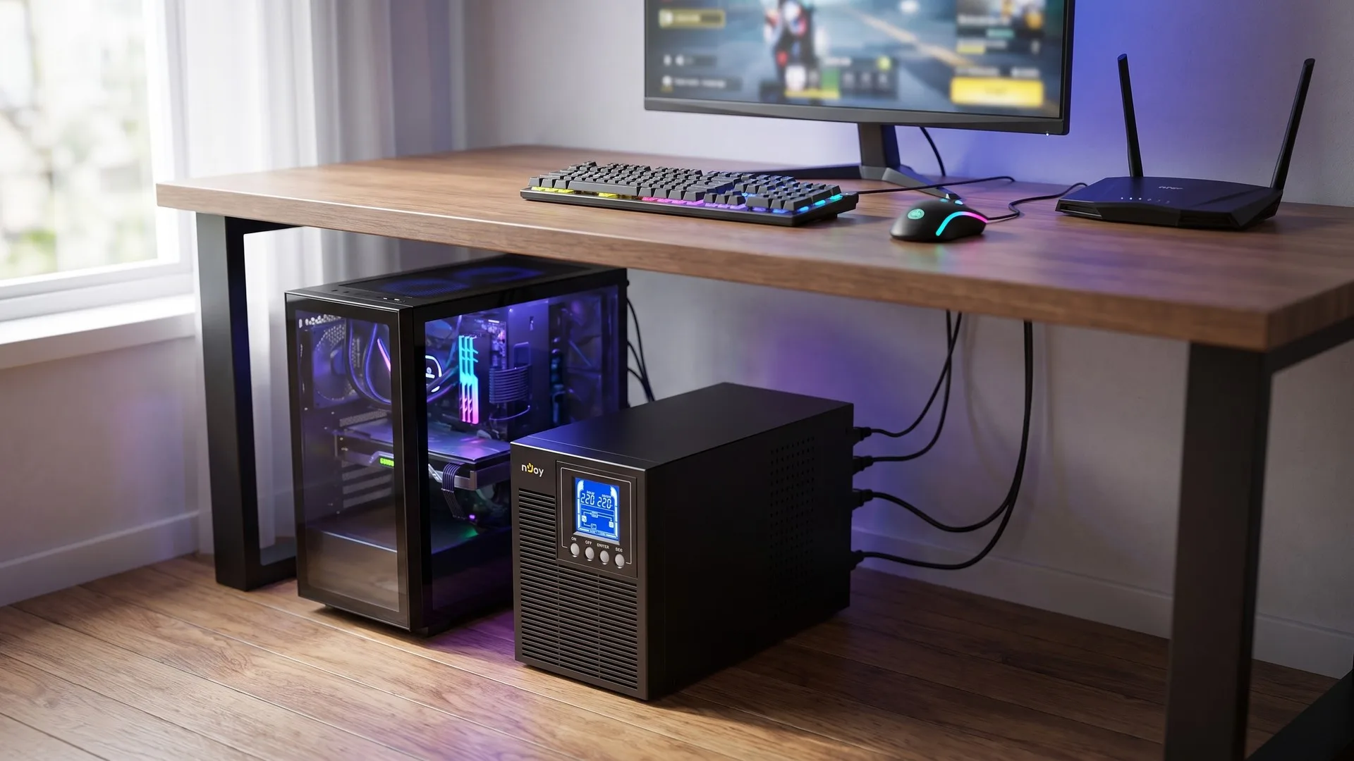 UPS așezat sub birou, lângă unitatea centrală a unui PC de gaming și monitorul conectat la el