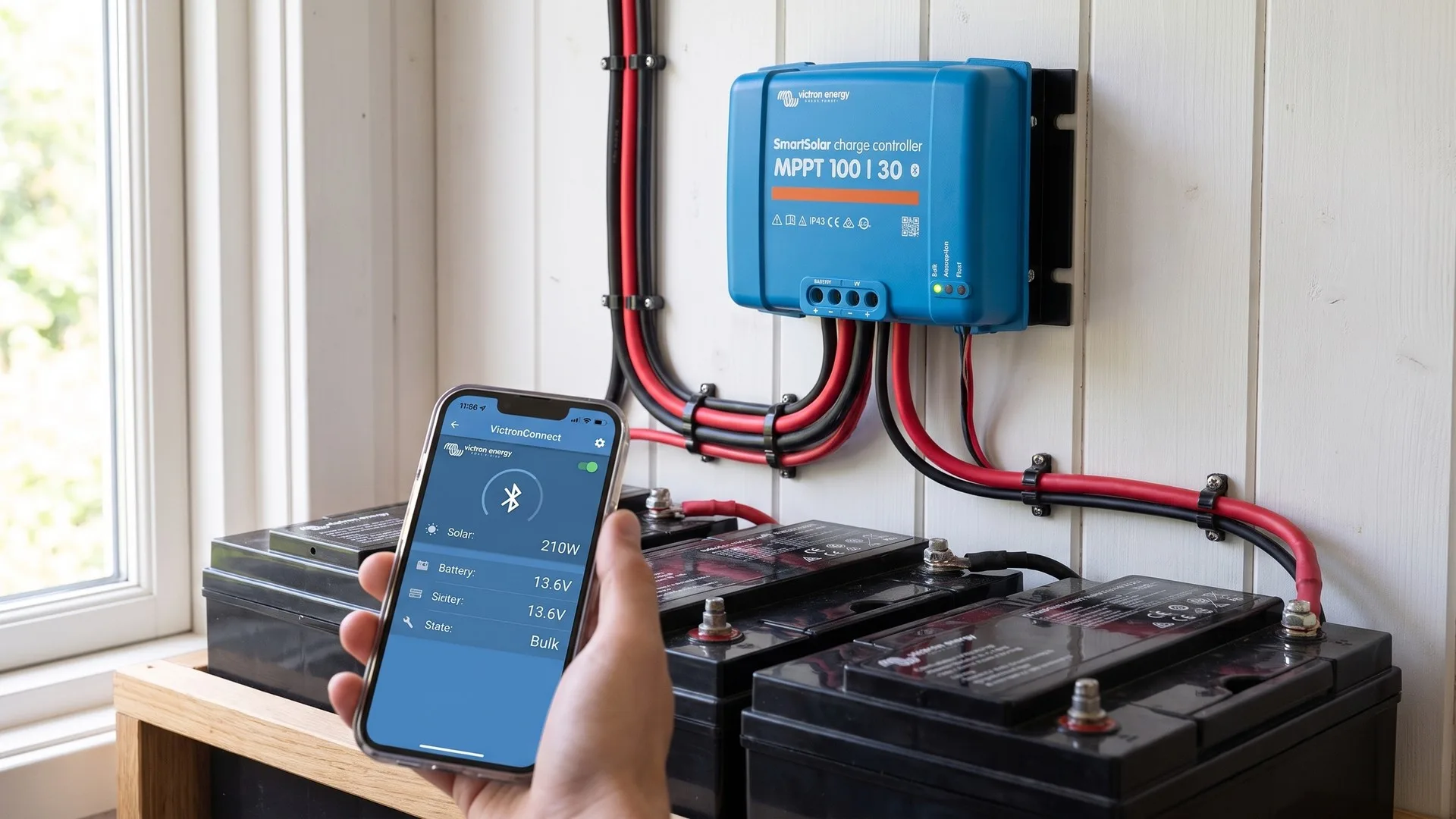 Regulator solar MPPT montat vertical pe perete, lângă bancul de baterii al unui sistem off grid