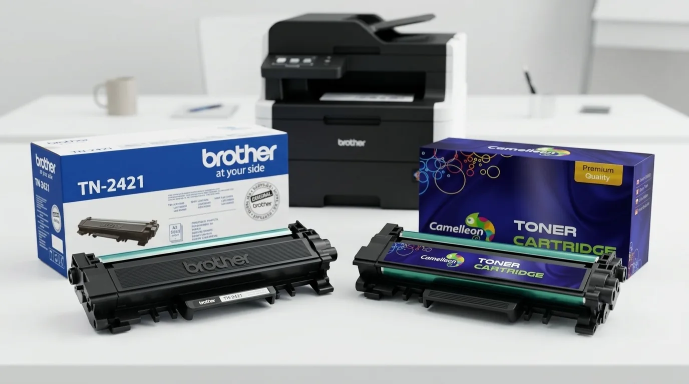 Două cartușe de toner laser așezate lângă o imprimantă de birou, unul original și unul compatibil