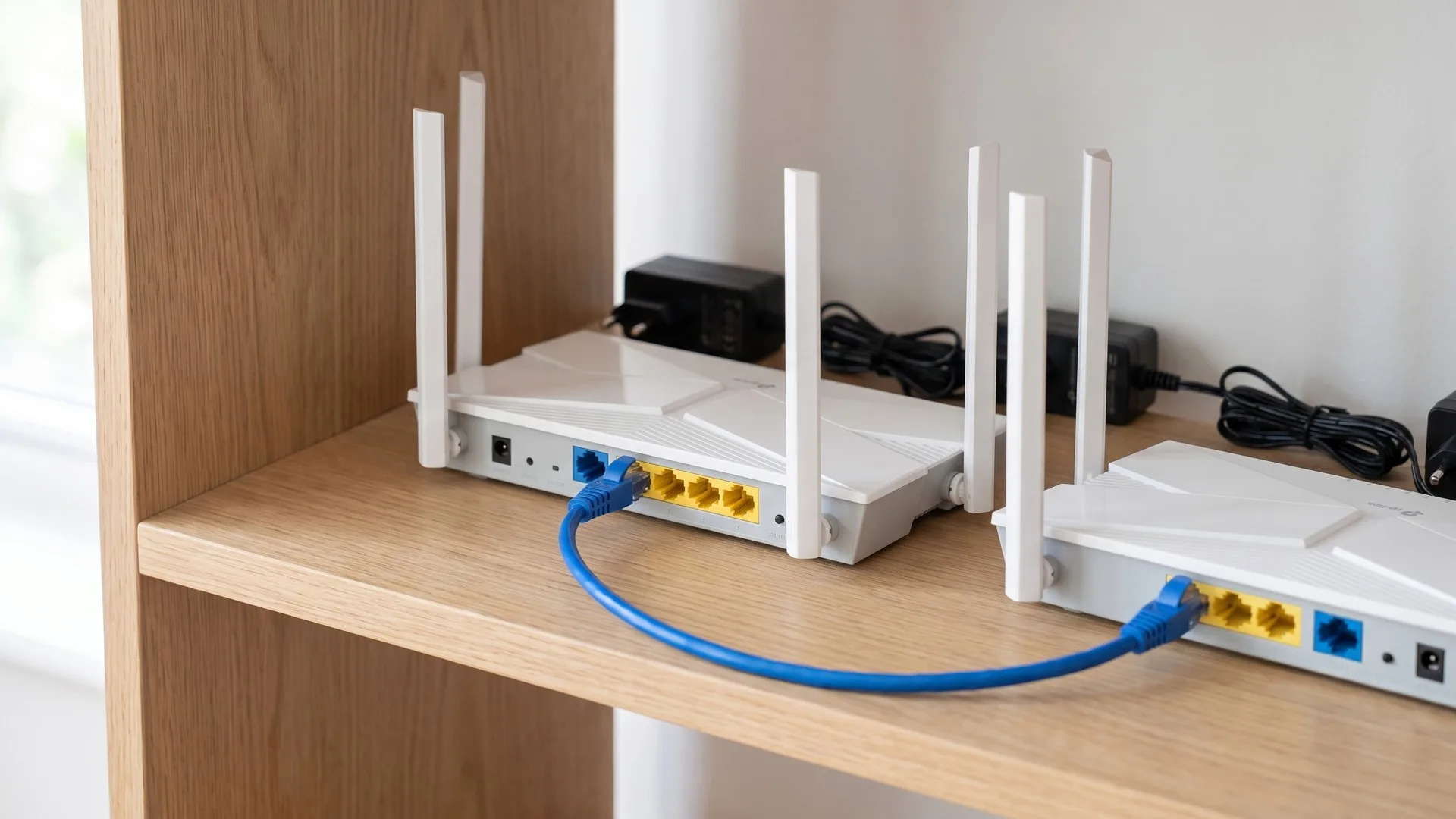 Două routere legate printr-un cablu de rețea din port LAN în port LAN, cu portul WAN al celui de-al doilea rămas gol