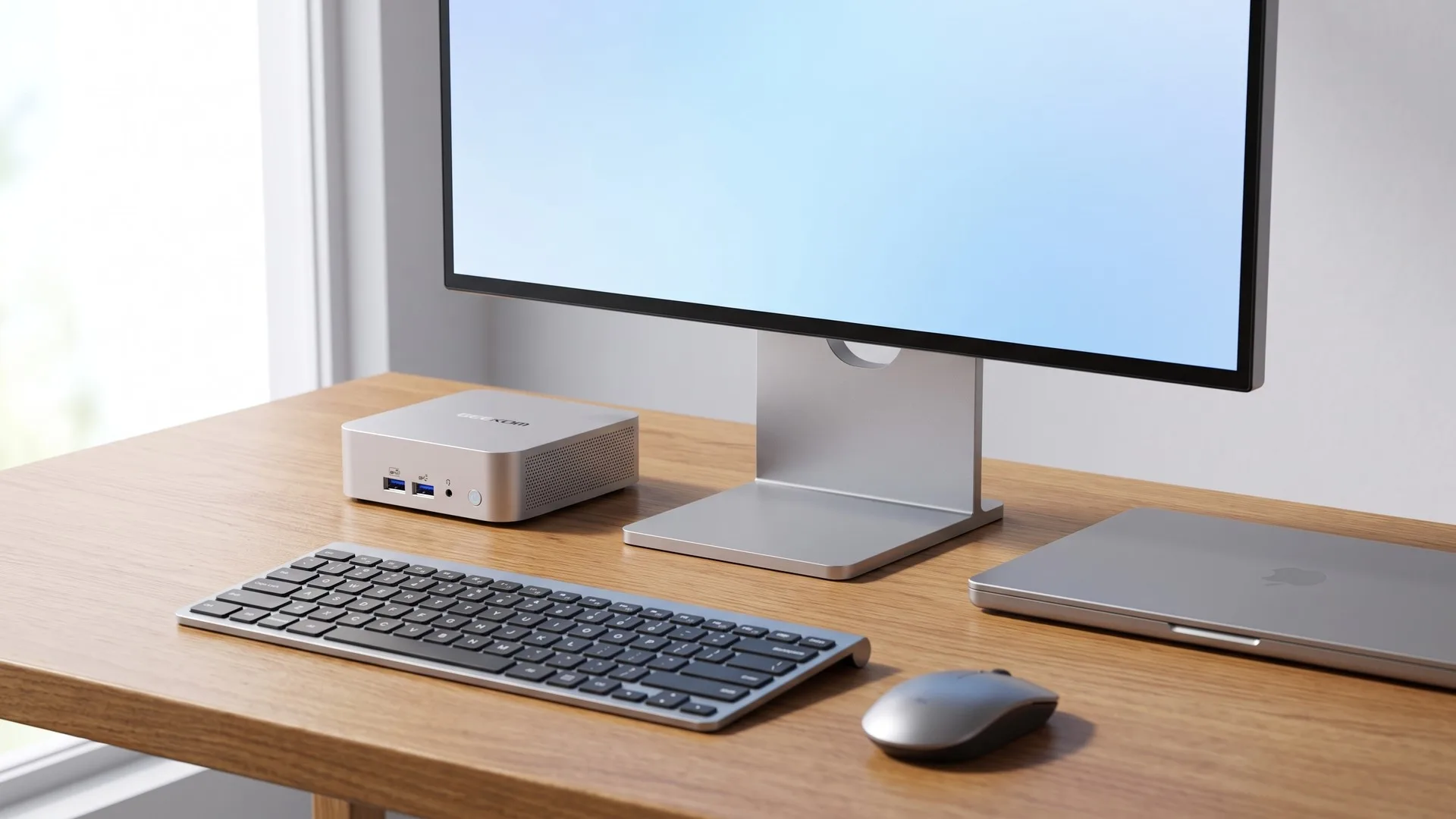 Mini PC prins cu suport VESA în spatele unui monitor de birou, lângă o unitate desktop tower și un laptop închis