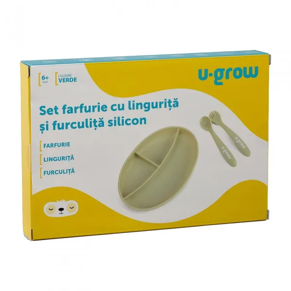 Set Farfurie U-GROW Silicon Olive cu Linguriță și Furculiță - imagine 3