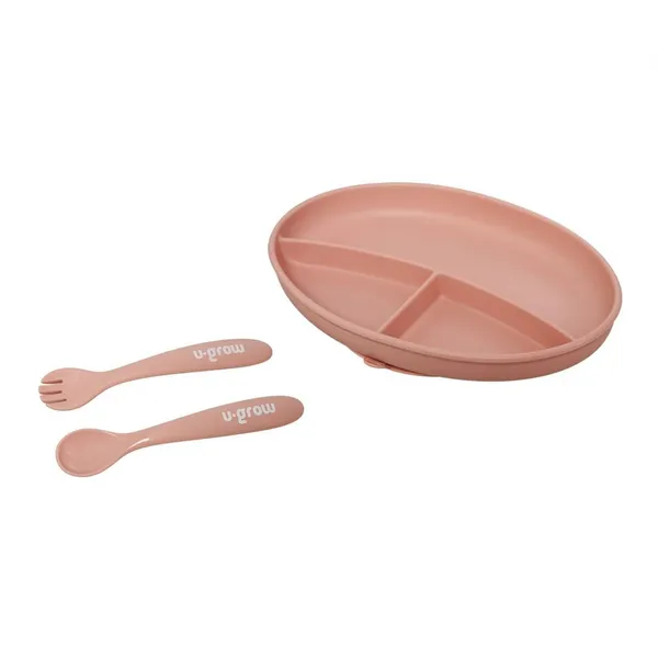 Set Farfurie U-GROW cu Linguriță și Furculiță Silicon Roz