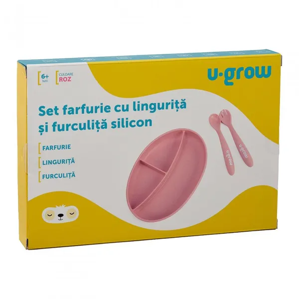 Set Farfurie U-GROW cu Linguriță și Furculiță Silicon Roz UG-SET9PK - imagine 3