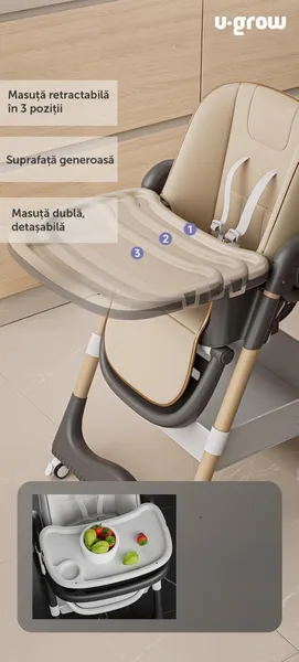 Scaun de Masă Bebe U-GROW UG-330-BR Pliabil Înălțime Reglabilă Maro - imagine 3