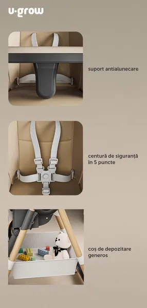 Scaun de Masă Bebe U-GROW UG-330-BR Pliabil Înălțime Reglabilă Maro - imagine 6