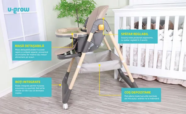 Scaun de Masă Bebe U-GROW UG-330-BR Pliabil Înălțime Reglabilă Maro - imagine 7