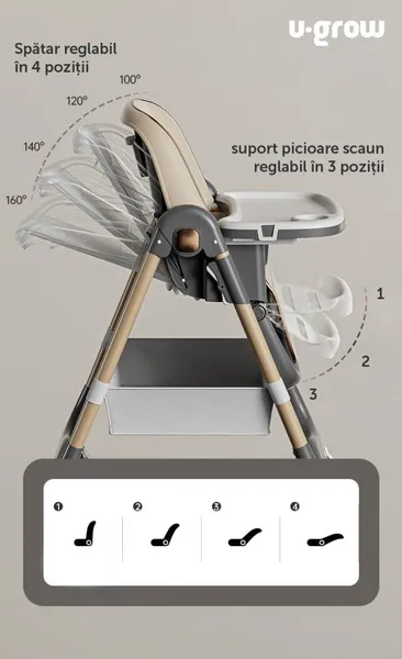 Scaun de Masă Bebe U-GROW UG-330-BR Pliabil Înălțime Reglabilă Maro - imagine 2