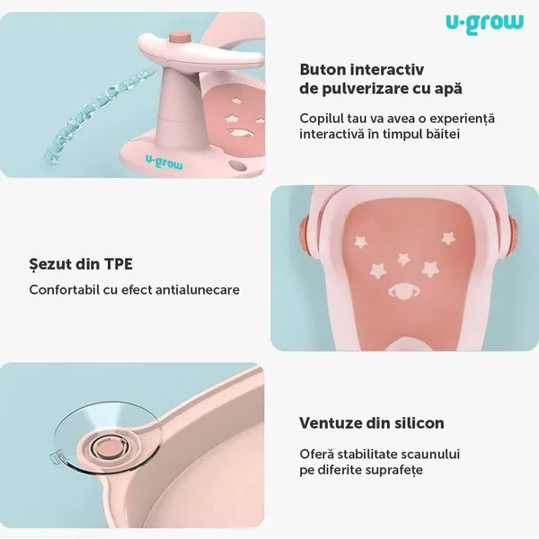 Scaun baie U-GROW cu ghidon și spătar reglabil roz pal - imagine 4