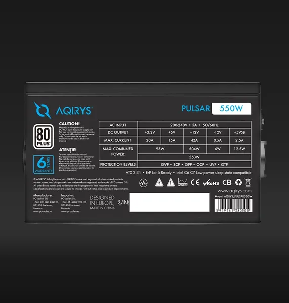 Sursă PC AQIRYS Pulsar 550W 80+ White Neagră - imagine 4