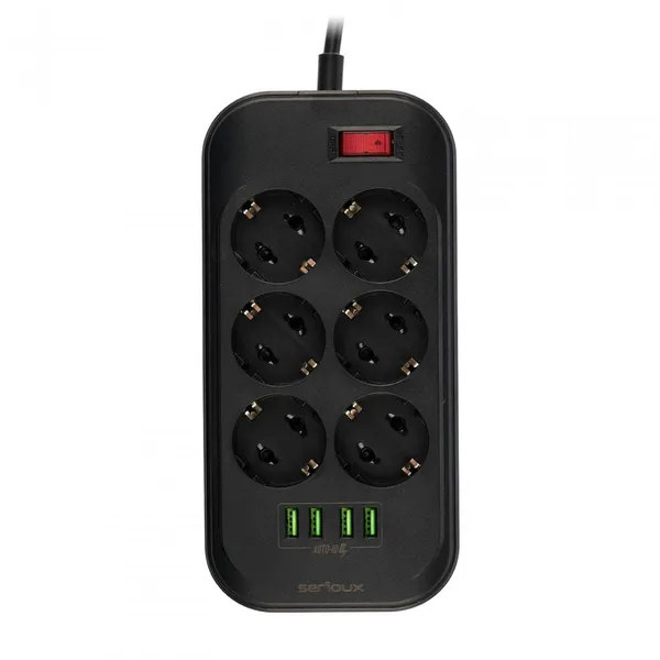 Prelungitor SERIUXX SRXP-PS66B 6 Prize 4 USB Negru 2m
