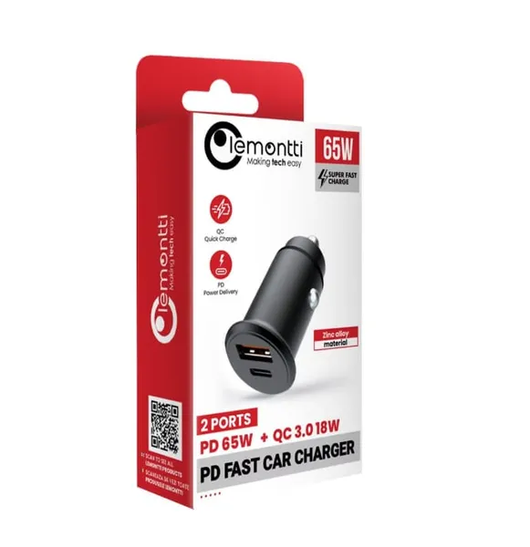 Încărcător Auto LEMONTTI Super Fast Charge 65W 2 Porturi Negru - imagine 2