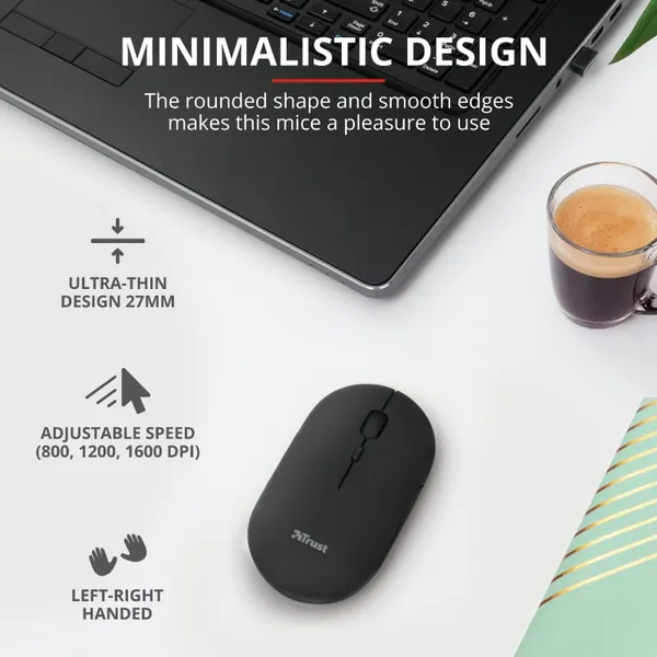 Mouse TRUST Puck Rechargeable Wireless Ultra-Thin 1600 dpi Negru TR-24059 - imagine 3