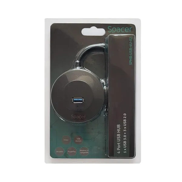 Hub USB SPACER 4 Porturi USB 3.0/2.0 Negru SPHB-USB-4U-02 - imagine 2