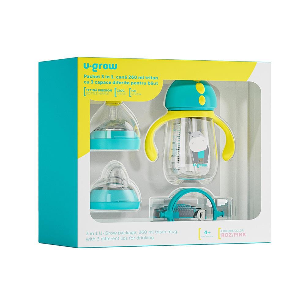Cană U-GROW 3 în 1 260ml Tritan Albastru cu Tetină, Cioc și Pai