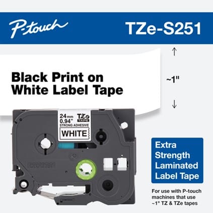 Bandă Laminată BROTHER TZES251 24mm Negru pe Alb