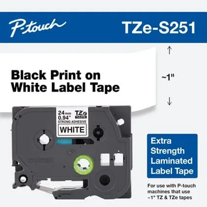 Bandă Laminată BROTHER TZES251 24mm Negru pe Alb