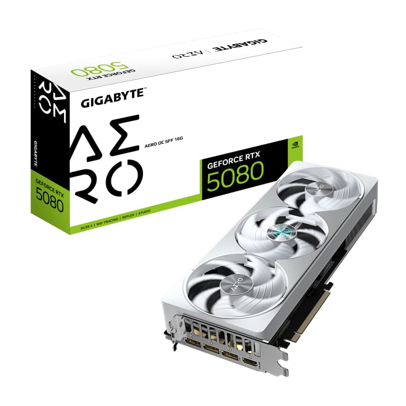 Placă Video GIGABYTE GeForce RTX 5080 AERO OC SFF 16GB GDDR7 Alb