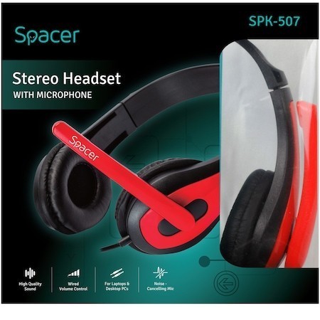 Căști SPACER SPK-507 cu fir Jack 3.5mm Negru Roșu - imagine 4