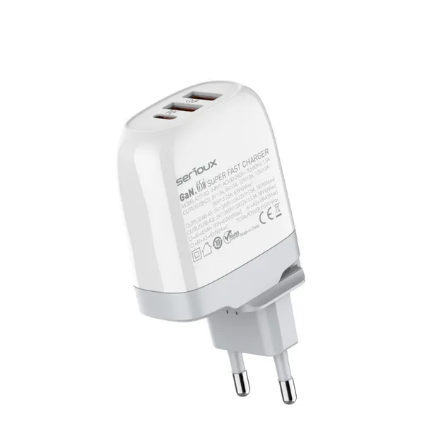 Încărcător SERIOUX 65W GaN QC 3 Porturi Alb SRXC-QC65WGAN