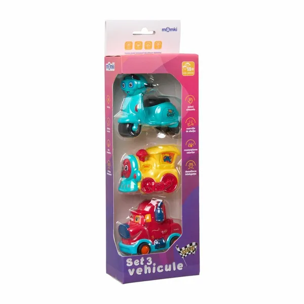 Set 3 Vehicule prin Inerție MOMKI Roșu Galben Albastru - imagine 2