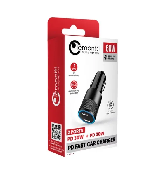 Încărcător Auto LEMONTTI LEMIAFCPDN 60W 2 Porturi USB-C Negru - imagine 2