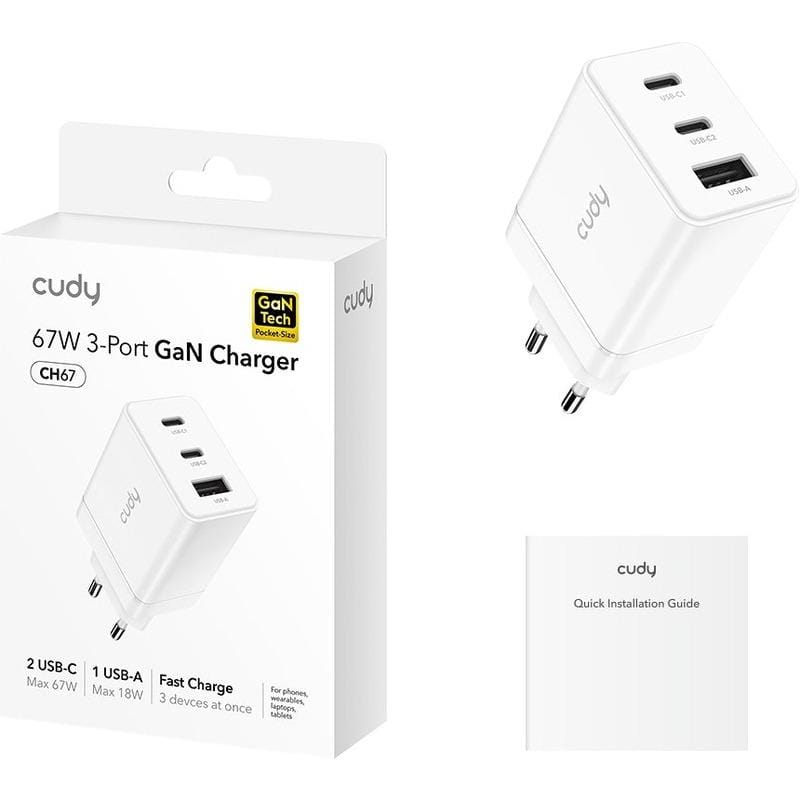 Încărcător Rețea CUDY CH67 67W 3 Porturi Alb