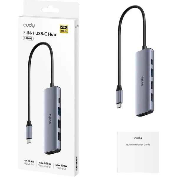 Hub USB CUDY UH405 5-în-1 USB-C HDMI Argintiu