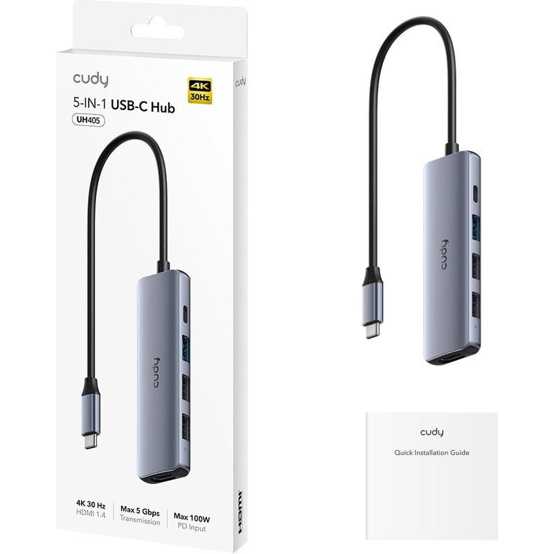 Hub USB CUDY UH405 5-în-1 USB-C HDMI Argintiu