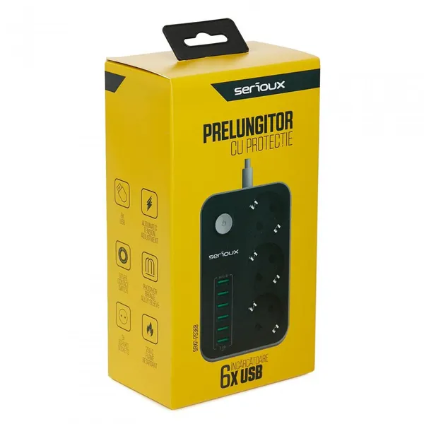 Prelungitor SERIOUX SRXP-PS36B 3 Prize Schuko 6 USB Negru - imagine 3