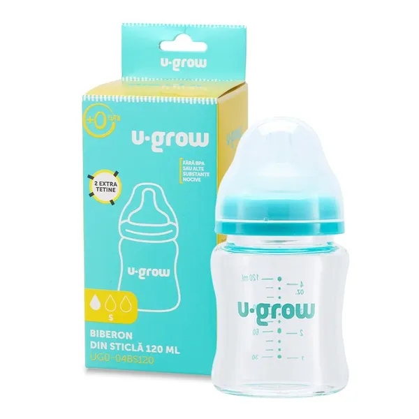 Biberon U-GROW Sticlă 120ml cu 2 Tetine Extra