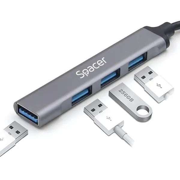Hub extern SPACER USB 3.0 Aluminiu Argintiu 1m - imagine 2