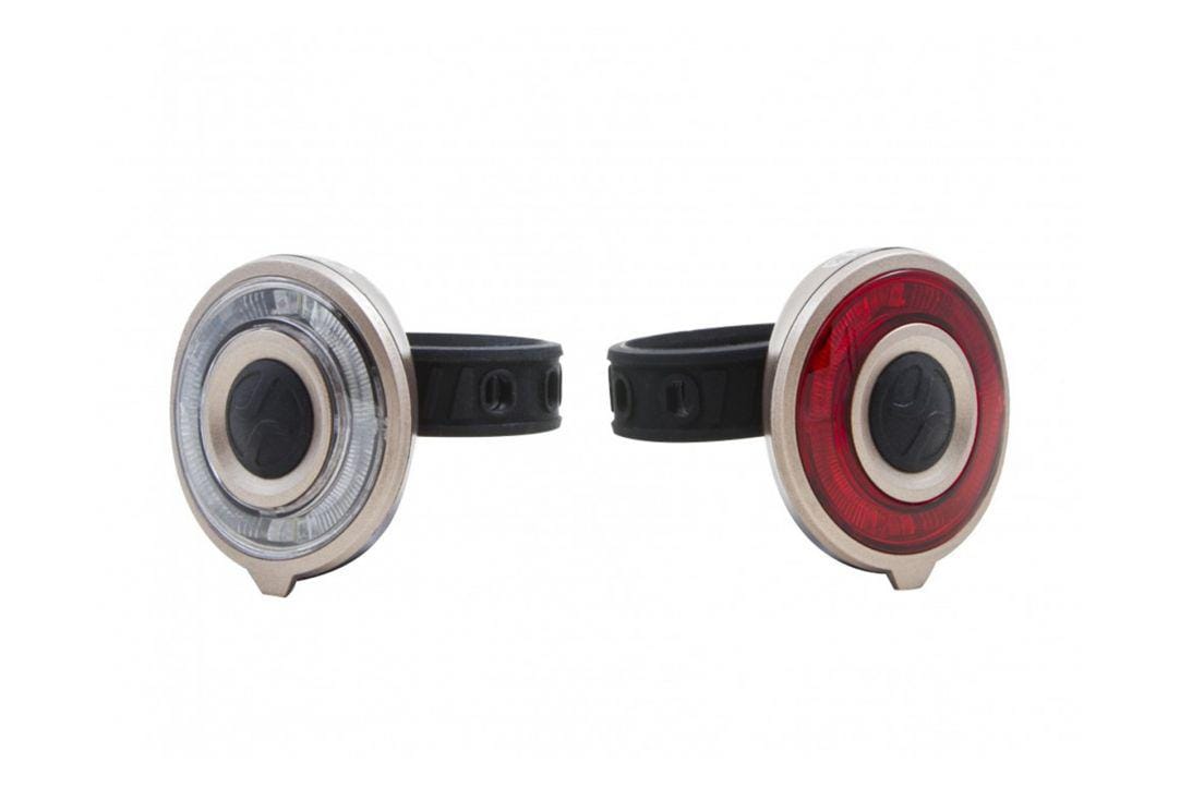Set lumini far+stop bicicletă 2 LED albe 2 roșii auriu