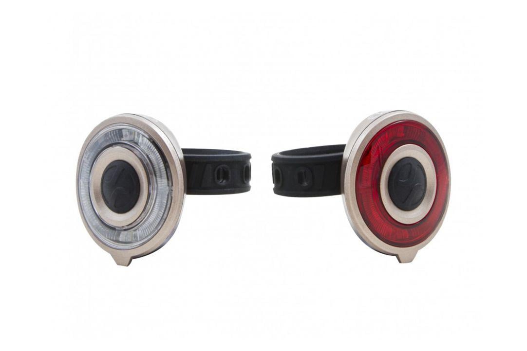 Set lumini far+stop bicicletă 2 LED albe 2 roșii auriu