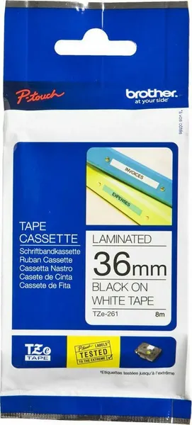 Banda Laminată BROTHER TZE261 36mm x 8m Negru pe Alb - imagine 2
