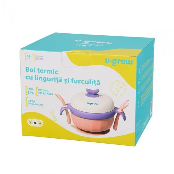 Bol termic U-GROW Mov cu Linguriță, Furculiță și Bază Antialunecare - imagine 6