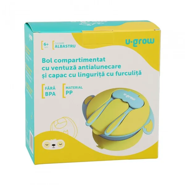 Bol compartimentat U-GROW cu ventuză, capac și tacâmuri Blue - imagine 4