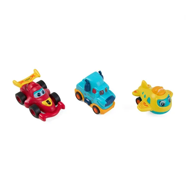 Set 3 Vehicule prin Inerție MOMKI - Camion Albastru, Mașină Roșie, Avion Galben