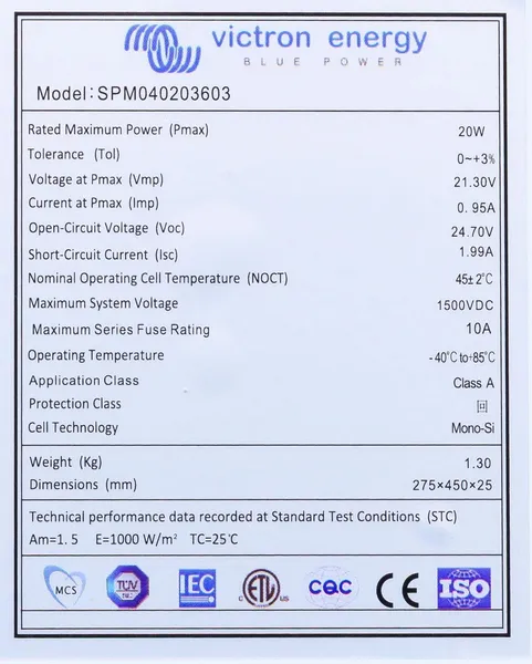 Panou Solar VICTRON ENERGY Serie 4c 20W 36 Celule Mono 275x450x25mm