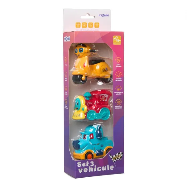 Set Vehicule MOMKI 3 Piese Inerție - Mașinuță Tren Scuter - imagine 3
