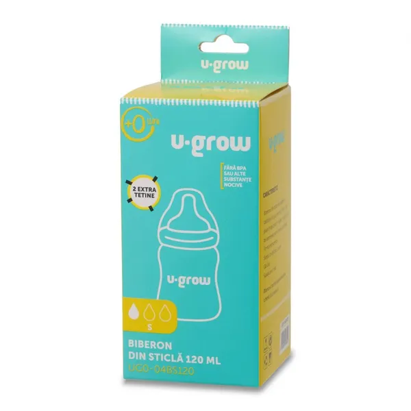 Biberon U-GROW Sticlă 120ml cu 2 Tetine Extra - imagine 4