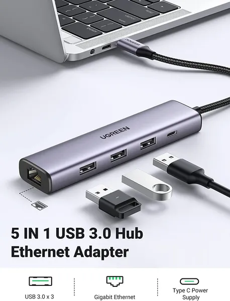 Adaptor Rețea UGREEN CM475 USB 3.0 Gigabit RJ-45 Argintiu - imagine 3