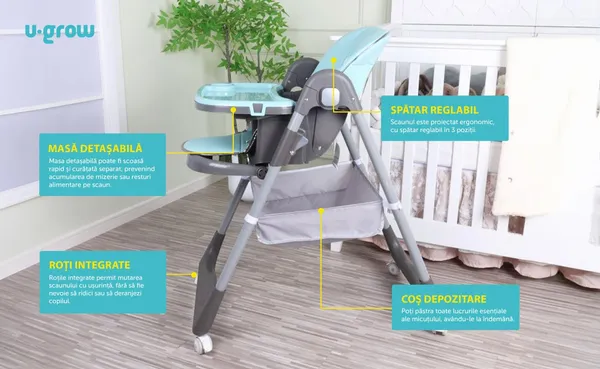 Scaun de Masă Bebe U-GROW UG-330 Înălțime Reglabilă Pliabil Albastru - imagine 4
