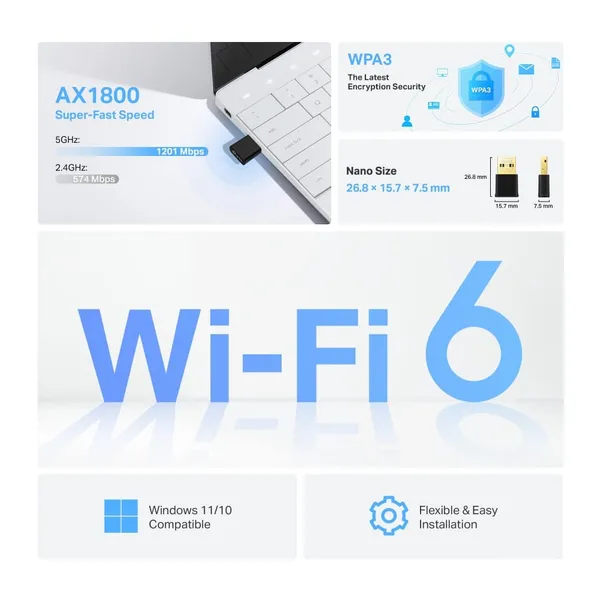 Adaptor Wi-Fi 6 Nano USB TP-Link Archer TX20U Nano, AX1800 Dual-Band - imagine 3