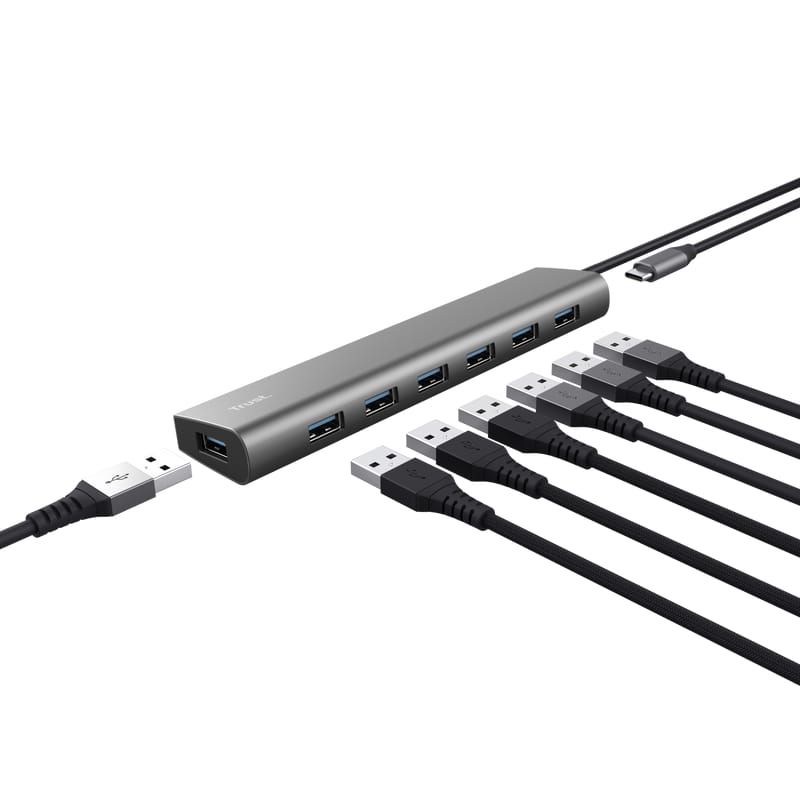 Hub USB TRUST Halyx 7 Porturi USB 3.2 Gen 1 Gri TR-24967