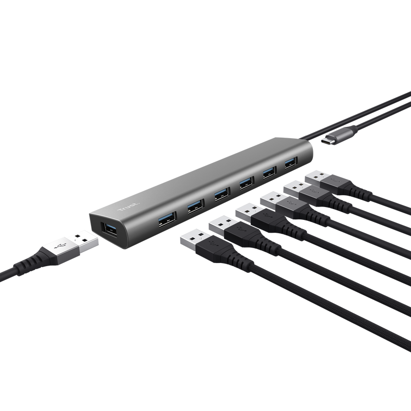 Hub USB TRUST Halyx 7 Porturi USB 3.2 Gen 1 Gri TR-24967