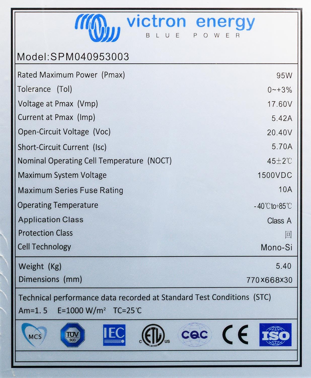 Panou Solar VICTRON ENERGY 95W Mono 30 Celule 770x668x30mm Seria 4c