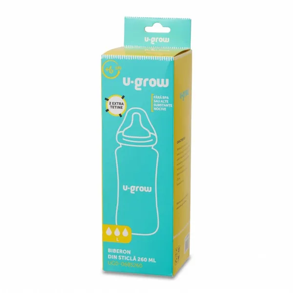 Biberon U-GROW Sticlă 260 ml cu 2 Tetine Extra